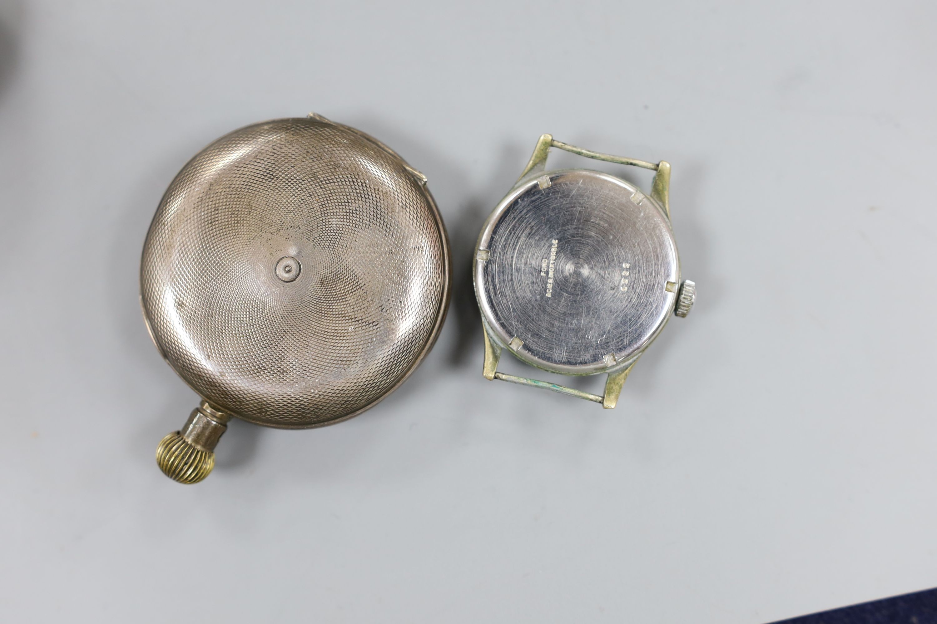 A gentleman's steel manual wind wrist watch, retailed by J.W. Benson, two other watches including silver pocket watch and a Rolex box.